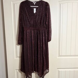 Maurice’s Elegant Burgundy Rose Metallic Sheer Long Sleeve Dress XL